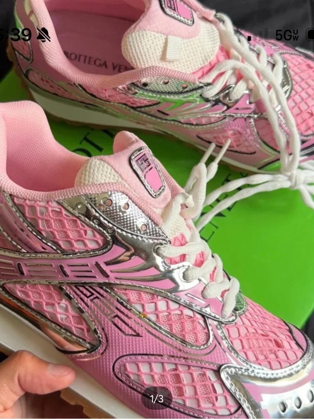 Bottega Veneta Pink and Silver Women's Sneakers with White Laces